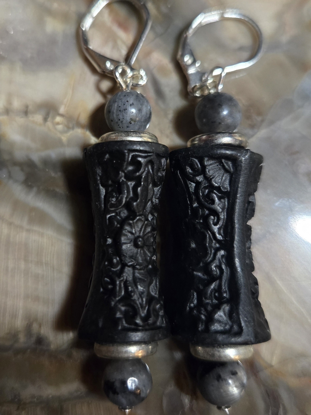 Artisan Black Carved Cinnabar And Larvikite Earrings